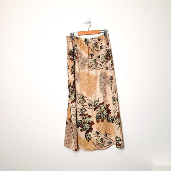 Vintage 80s Bohemian Tan Floral Maxi Retro Skirt - Picture 1 of 8